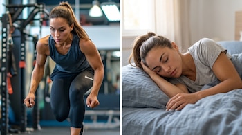 Una mujer realiza un entrenamiento en un gimnasio a la izquierda y duerme en una cama del lado derecho.