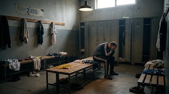 Vestuario de fútbol con hombre sentado, cabeza agachada, taquillas, bancos, ropa y zapatillas esparcidas, toallas colgadas y cartel con el número 2026.