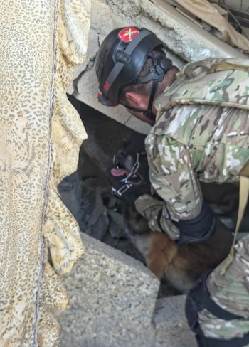 Soldado con casco y uniforme camuflado junto a un perro negro con cadena metálica, ambos en un agujero entre concreto, piedra y tela