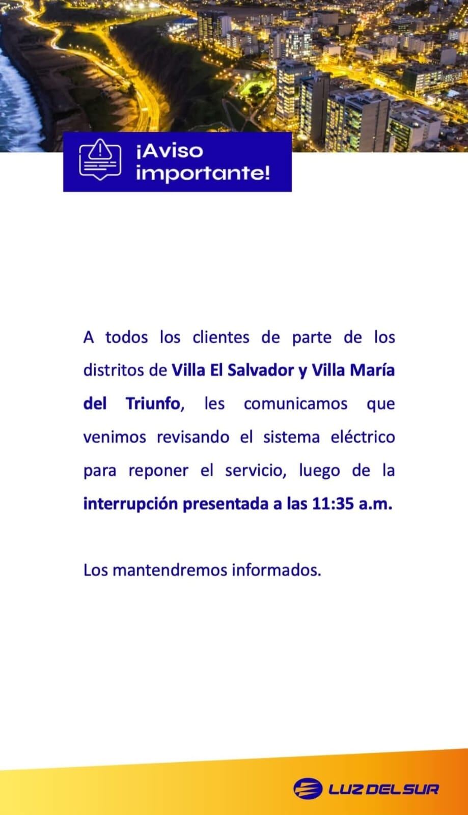 Comunicado de Luz del Sur luego del sismo de magnitud 6.1 en Lima y Callao. (Foto: Luz del Sur)