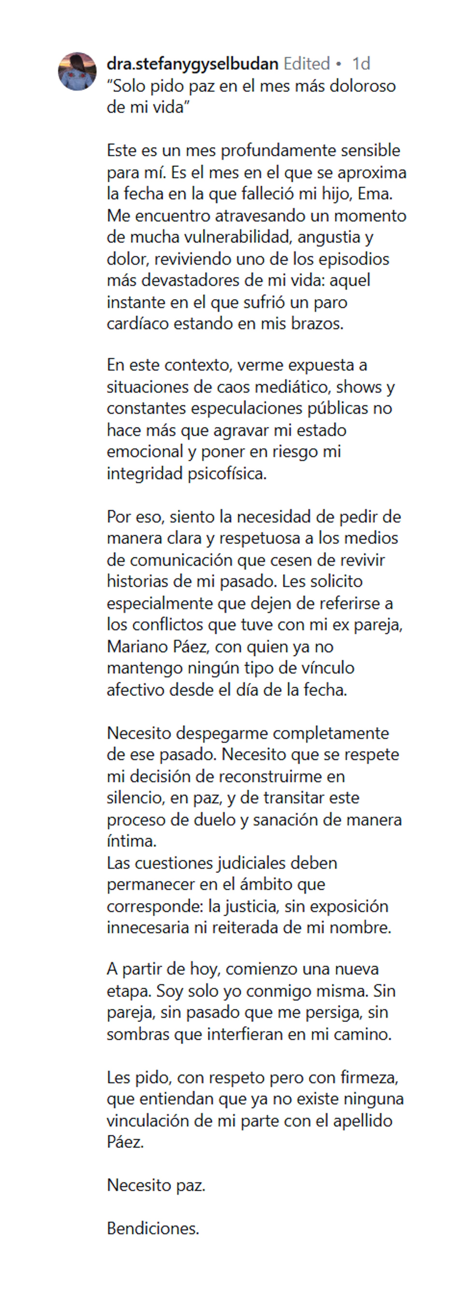 El comunicado completo que Stefany Budan compartió en su cuenta de Instagram.