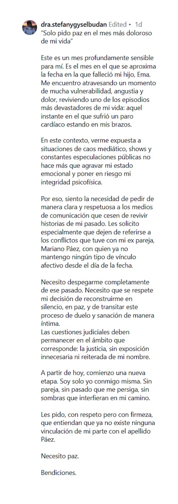 Captura de pantalla de una publicación de Instagram. Se ve la foto de perfil de usuario dra.stefanygyselbudan y el texto de un comunicado