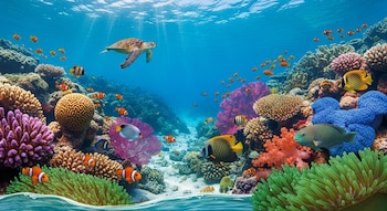 Una tortuga marina grande nada en un arrecife de coral submarino lleno de peces tropicales y corales coloridos como anémonas, corales cerebro y ramificados.