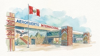 Ilustración de acuarela de un aeropuerto con la bandera de Perú, texto "Aeropuerto Internacional", cóndor, llamas y patrones andinos.