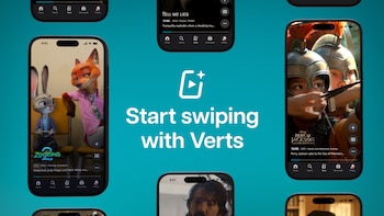 Múltiples smartphones muestran la aplicación Disney+ con contenido de video vertical; al centro, un logotipo de Verts y el texto 'Start swiping with Verts'
