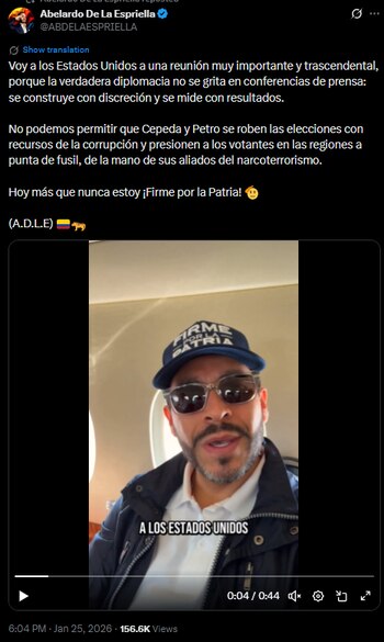 Abelardo de la Espriella comunicó su viaje relámpago señalando motivos diplomáticos reservados - crédito @ABDELAESPRIELLA