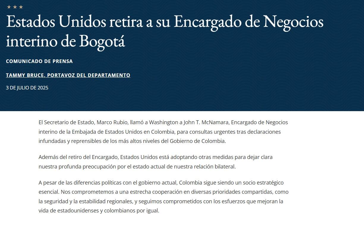Estados Unidos criticó recientes declaraciones infundadas por el Gobierno de Gustavo Petro - crédito Embajada de Estados