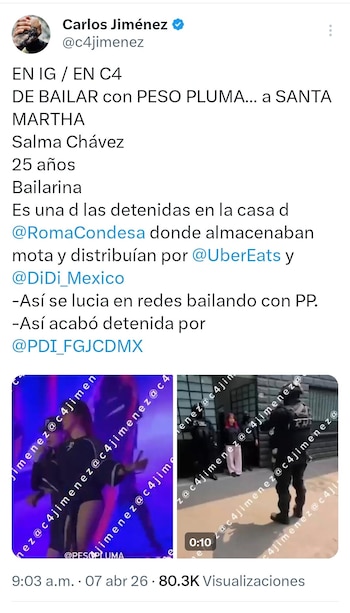 Captura de pantalla de un tuit con dos videos. Uno muestra a una mujer bailando, y el otro a la misma mujer siendo escoltada por agentes de policía