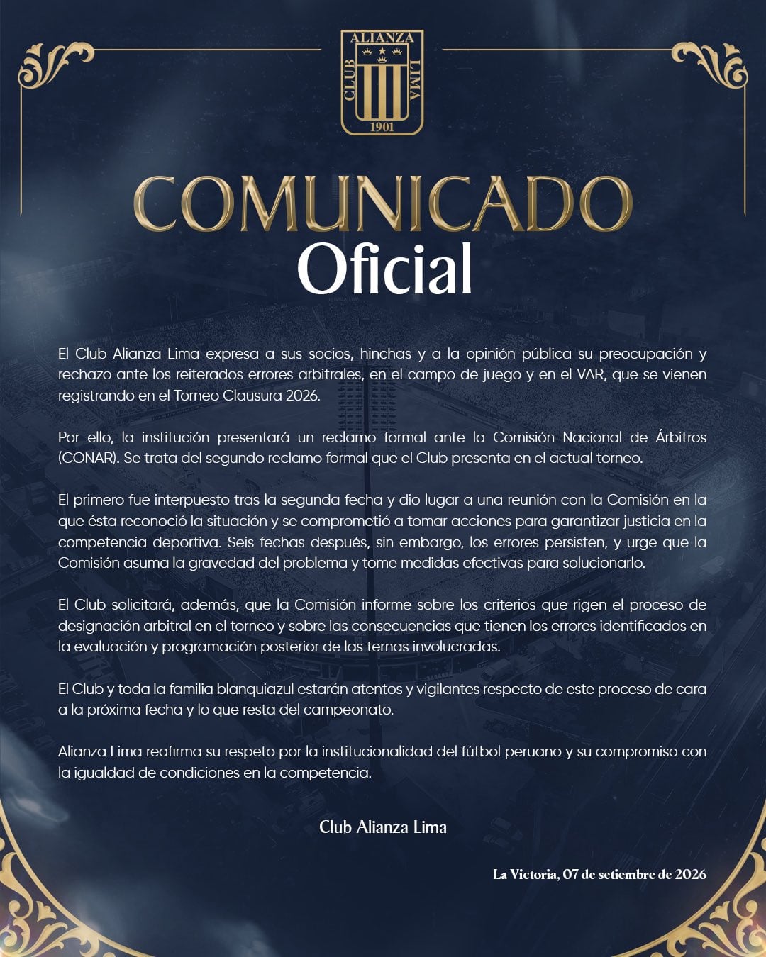 El comunicado de Alianza Lima por los errores arbitrales en el Torneo Clausura 2026. - Crédito: @ClubALOficial