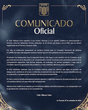El comunicado de Alianza Lima por los errores arbitrales en el Torneo Clausura 2026. - Crédito: @ClubALOficial
