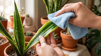 Plano detalle de dos manos humanas, una con anillo de plata, una hoja de Sansevieria, un paño de microfibra azul claro y varias plantas en macetas.