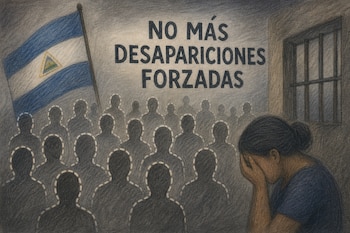 Ilustración con la bandera de Nicaragua, siluetas de personas punteadas, una mujer que se cubre el rostro y el texto NO MÁS DESAPARICIONES FORZADAS.