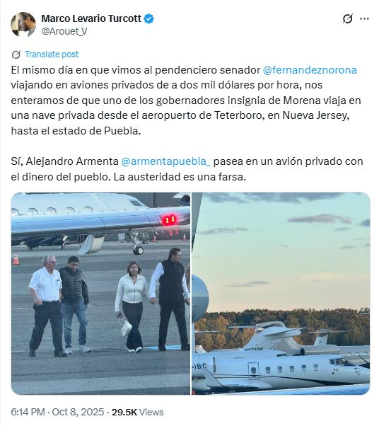 El viaje en jet privado de Alejandro Armenta a Nueva Jersey generó polémica sobre el uso de recursos y la coherencia con la austeridad. Foto: x.com/@Arouet_V