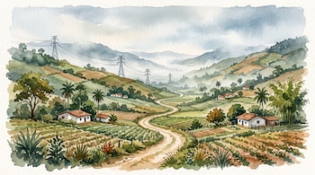 Ilustración en acuarela de un camino de tierra entre campos cultivados, casas pequeñas y torres de transmisión eléctrica en las colinas.