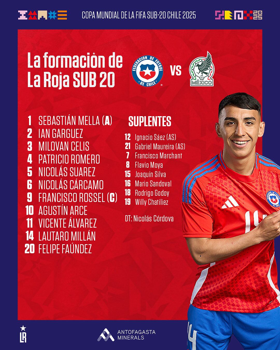 Alineación titular de La Roja para el duelo ante México en Valparaíso. Once inicial con Sebastián Mella en el arco y Juan Rossel como capitán. Imagen cuenta de X @LaRoja