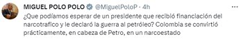 El senador MIguel Polo Polo mencionó dos acusaciones principales: la financiación del narcotráfico y la declaración de guerra al petróleo por parte del presidente de Colombia - crédito @MiguelPoloP/X