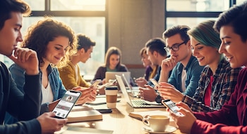 Jóvenes sentados alrededor de una mesa de madera. La mayoría mira sus teléfonos inteligentes. Hay ordenadores portátiles, tazas de café y libros. Luz solar entra por las ventanas.