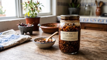 Frasco de vidrio con salsa macha etiquetada, un cuenco con cuchara de madera, un molcajete y una planta sobre una mesa rústica.