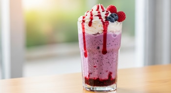 Un Frappuccino de bayas morado oscuro en un vaso transparente con gotas de condensación, cubierto con crema batida, salsa roja, frambuesas y arándanos.