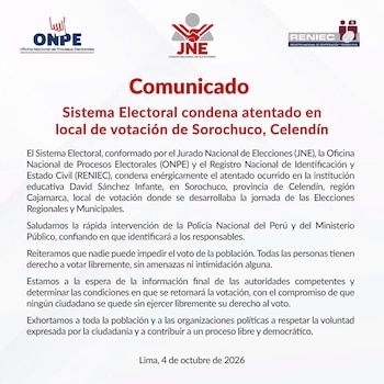 Sistema Electoral condenó atentado en local de votación de Celendín