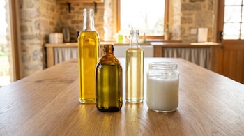 Cuatro recipientes de vidrio sin etiquetas, con aceites de girasol, oliva, semillas y coco, dispuestos sobre una mesa de madera nueva.