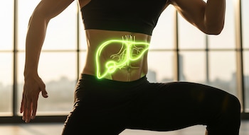Vista recortada de una persona ejercitándose en ropa deportiva oscura, con una silueta de hígado verde brillante superpuesta digitalmente en su abdomen.