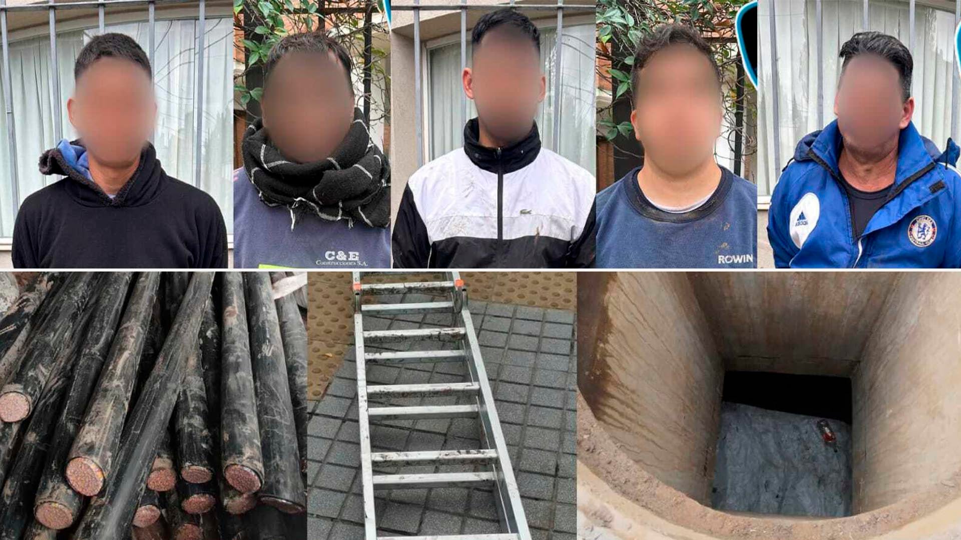 La Policía de la Ciudad detuvo a cinco hombres sospechosos de robo de cables en Villa Devoto, con imágenes de los detenidos, los cables recuperados, una escalera y la boca de un registro subterráneo.