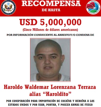 EE.UU. mantiene una recompensa de hasta cinco millones de dólares por la captura de Haroldo Waldemar Lorenzana Terraza. (Cortesía:Departamento de Estado de los Estados Unidos)