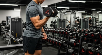 Un hombre en un gimnasio levanta una mancuerna negra en un curl de bíceps, mostrando su brazo musculoso. Al fondo se ven más pesas y equipo de ejercicio.