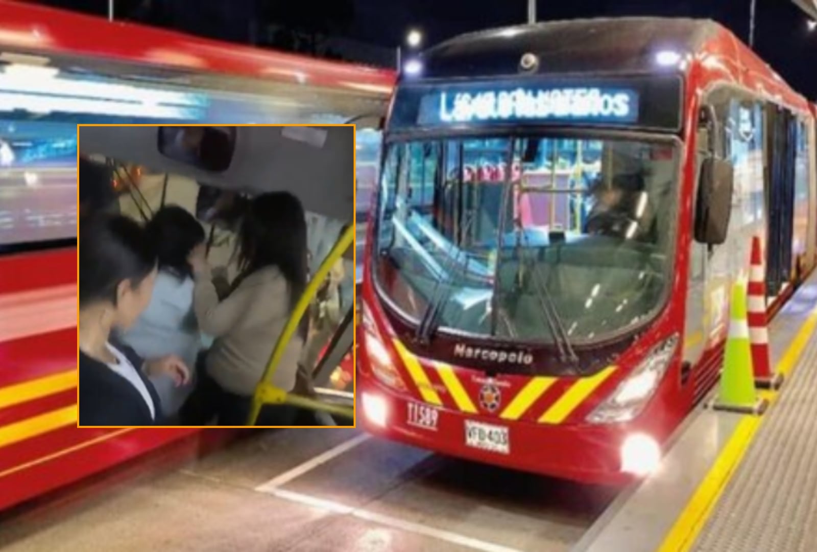 Una de las mujeres que protagonizó el altercado su bajada del bus de Transmilenio - crédito @JD_Quinteror/X y Transmilenio/X