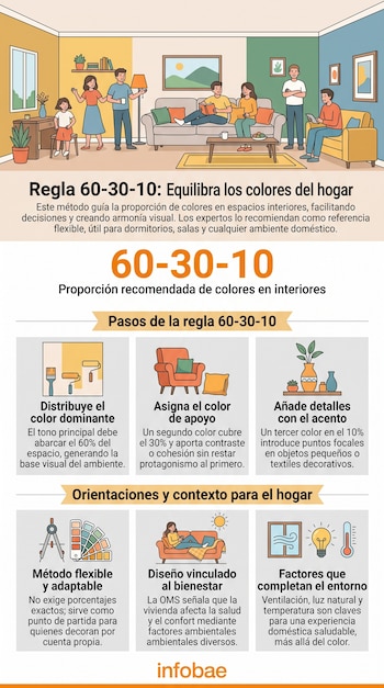 Infografía explicativa con la ilustración de una sala, iconos descriptivos sobre la regla de color 60-30-10 y el logotipo de Infobae.