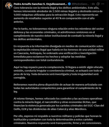 El Gobierno colombiano ha intervenido 2.500 minas ilegales y destruido 1.000 máquinas; autoridades investigan posibles nexos irregulares - crédito @PedroSanchezCol / X