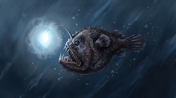 Ilustración de un pez abisal con dientes afilados y un órgano brillante frente a la boca sobre un fondo azul.