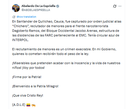 Las autoridades señalan al detenido como presunto reclutador de menores para el frente Dagoberto Ramos de las disidencias de las Farc - crédito @ABDELAESPRIELLA/X.