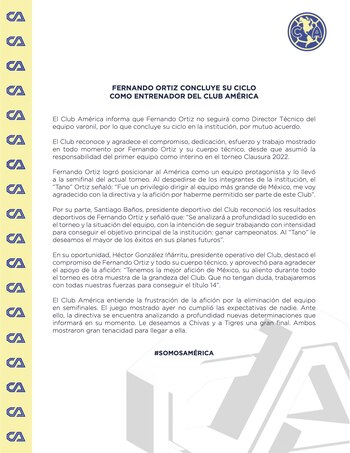 Club América compartió el comunicado