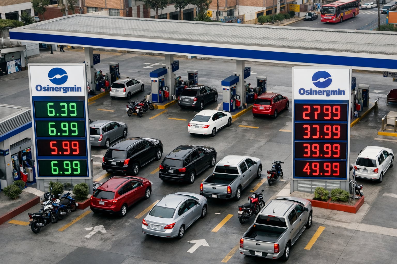 Vista aérea de una estación de servicio en Lima, Perú, muestra una notable disparidad en los precios del combustible entre dos carteles digitales, con vehículos esperando para abastecerse. (Imagen Ilustrativa Infobae)