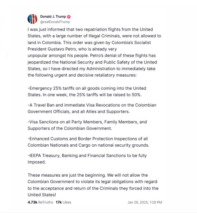 El presidente estadounidense calificó la decisión de Gustavo Petro como una amenaza a la seguridad nacional, justificando así las medidas de represalia anunciadas - crédito @realDonaldTrump/Truthsocial