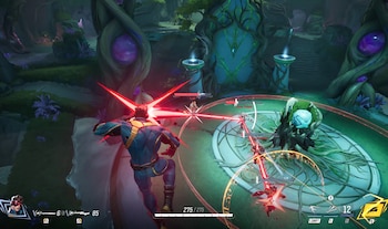 Videojuego de acción con Cíclope de espalda disparando rayos rojos, rodeado de otros personajes como Loki y Moon Knight, en un entorno de fantasía boscoso