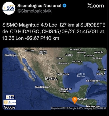 Sismo de magnitud 4.9 en Ciudad Hidalgo, Chiapas este 15 de septiembre. (X/ @SismologicoMX)