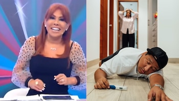 Composición con Magaly Medina en un set de televisión y Jorge Luna tendido en el suelo sosteniendo una prueba de embarazo