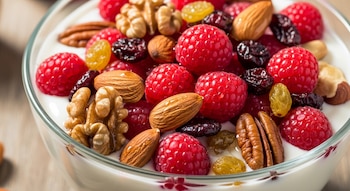Close-up of a glass bowl filled with creamy white yogurt, topped with red raspberries, almonds, walnuts, pecans and assorted raisins.