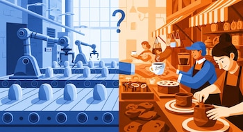 Ilustración dividida. Izquierda: fábrica azul con robots y productos en cinta. Derecha: mercado naranja con personas produciendo y vendiendo artesanías. Signo de interrogación.