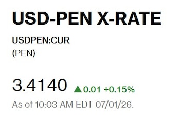 Captura de Bloomberg con el precio del dólar del 1 de julio en Perú