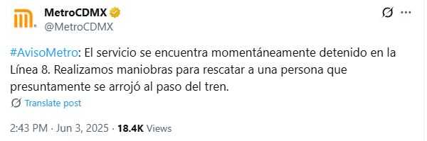 El Metro compartió esta información a través de un comunicado oficial publicado en sus redes sociales oficiales. Foto: X/@MetroCDMX.