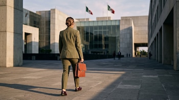 Una mujer de espaldas con traje verde y maletín camina por una explanada frente a un edificio moderno con banderas de México.
