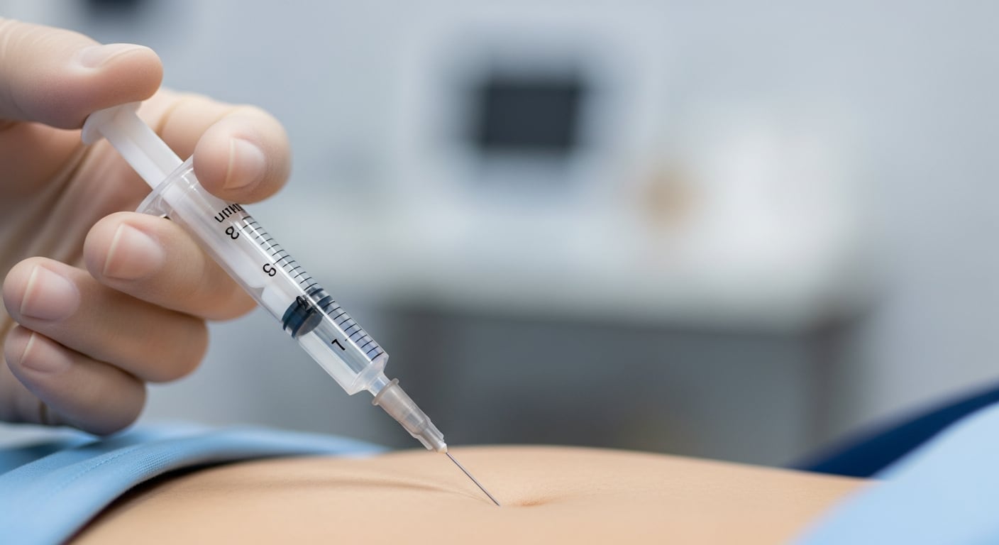 Una persona recibe una inyección subcutánea de péptidos en la región abdominal, administrada por una mano enguantada. (Imagen Ilustrativa Infobae)