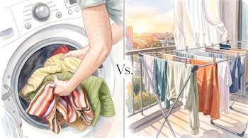 Ilustración dividida en dos con el texto Vs en el centro: a la izquierda una lavadora con ropa y a la derecha un tendedero en un balcón.