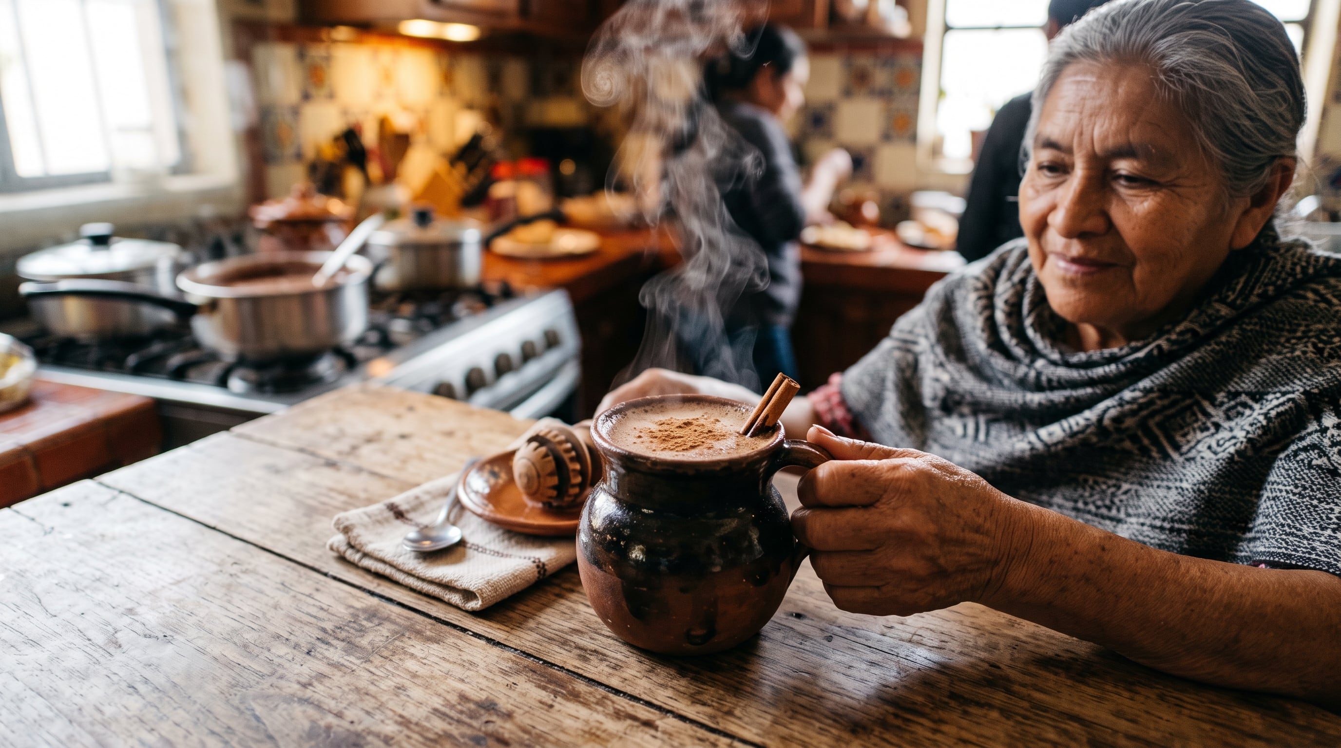 Una mujer mayor sostiene una jarra de barro con champurrado humeante y canela sobre una mesa de madera en una cocina tradicional. (Imagen Ilustrativa Infobae)
