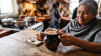 Una mujer sostiene una taza de barro con champurrado humeante y una raja de canela sobre una mesa de madera con un molinillo.