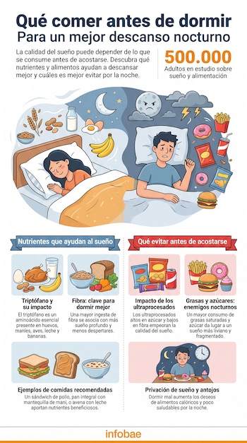 Infografía de Infobae con título "Qué comer antes de dormir", mostrando una mujer durmiendo y un hombre con insomnio junto a alimentos buenos y malos para el sueño.